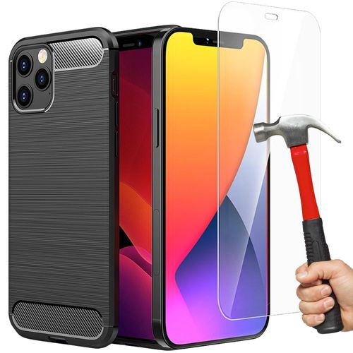 Coque Silicone + Verre Tremp Pour Iphone 12, Motif Fibre De Carbone Souple Antichoc - Noir