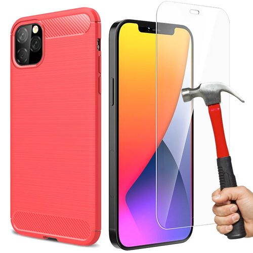 Coque Silicone + Verre Tremp Pour Iphone 12, Motif Fibre De Carbone Souple Antichoc - Rouge