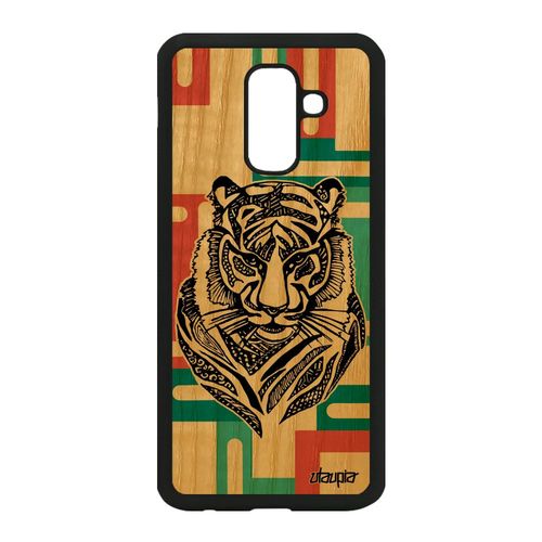Coque Tigre A6 Plus 2018 En Bois Silicone Fauve Vert Azteque Vrai Samsung Galaxy A6 Plus 2018