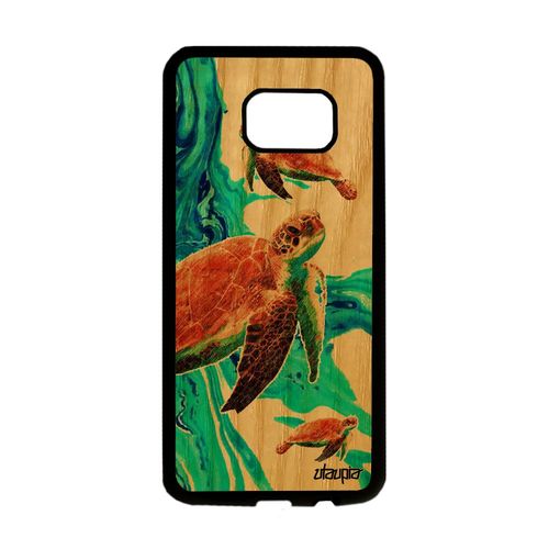 Coque Tortue Samsung Galaxy S7 Edge En Bois Veritable Silicone Vert Ocean Texture Design Luth De Mer Portable Telephone Tpu Animaux