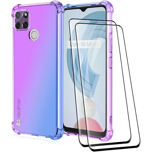 Coque Tpu Silicone Translucide Pour Realme C21 Avec Dgrad Color, Protection Anti-Chocs Ultra-Mince Et 2 Films cran 9h Rsistants - Bleu Violet
