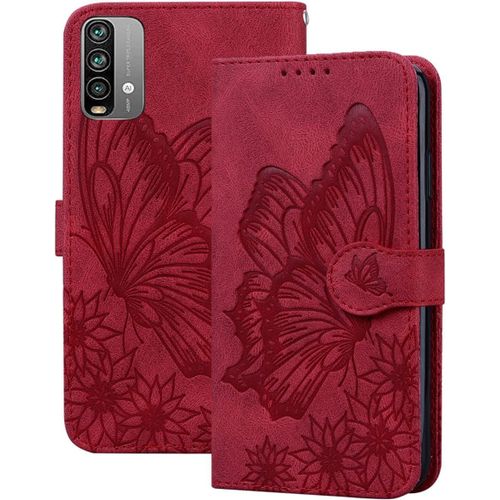 Coque Xiaomi Redmi 9t, Pu Portefeuille Tui En Cuir Housse Avec Antichoc Support Fonction Case Pour Redmi 9t(Papillon Rouge)