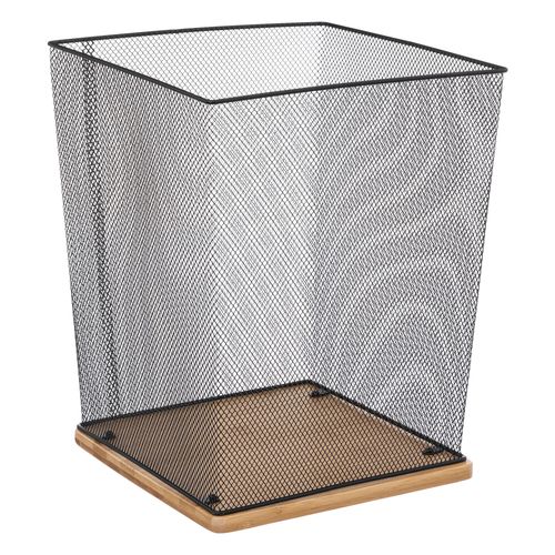Corbeille De Bureau En Mtal Noir Et Bois - 26.5x26.5x32.5cm