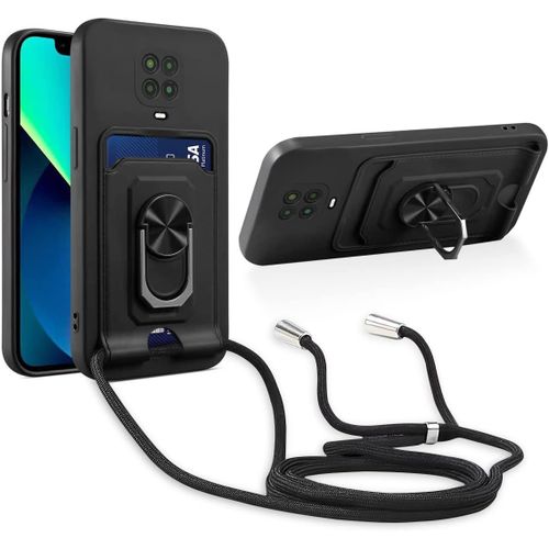 Cordon De Coque Compatible Avec Xiaomi Redmi Note 9 Pro/Note 9s/Note 9 Pro Max,[Bequille 360'rotatif] [Fentes Pour Cartes] Antichoc Reglable Lanyard Silicone Case - Noir
