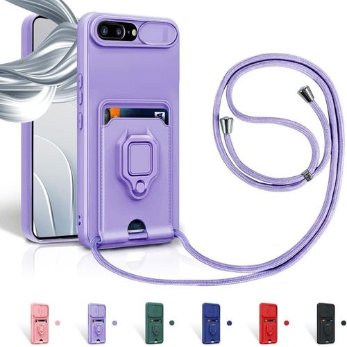 Cordon De Coque Pour Iphone 8 Plus/7 Plus/Iphone 6s Plus/6 Plus,Couvercle Coulissant De La Camra+Support Annulaire  360 Degrs,Fentes Pour Cartes Lanyard Silicone Case -Pourpre