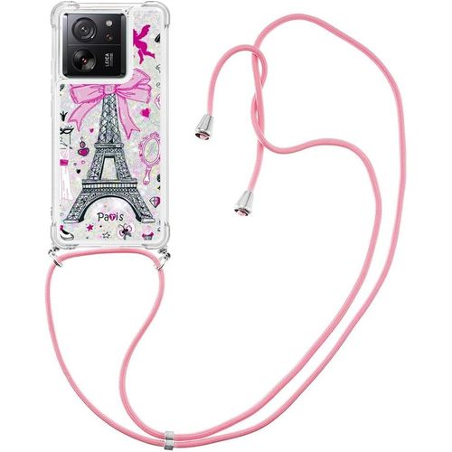Cordon De Coque Pour Xiaomi 13t Avec Cordon Bling Moving Quicksand Case Tpu Housse Avec Cordon Rglable Tlphone Etui Avec Lanyard Bumper Coque Pour Xiaomi 13t/13t Pro,Tour Eiffel
