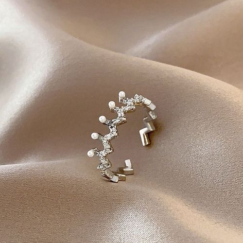 Core Du Sud Dongdaemun Personnalit Couronne Perle Bague Femme Design Sense Pleine Bague En Diamant Bague A La Mode Rtro Versatile Queue Anneau-Jz391 Argent- Ouverture Rglable