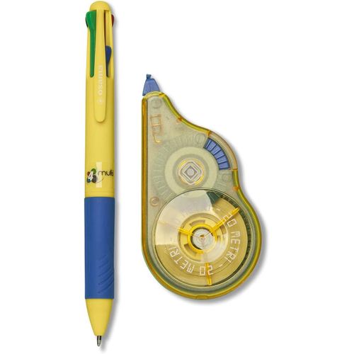 Correcteur Blanc  Ruban, 20 M + Stylo 4 Couleur Bille, Pointe Fine 1 Mm - Kit Pour Papeterie Bureau Et Fourniture Scolaire - Set Effaceur Et Stylo Couleur Pour crire Sans Erreur, Jaune/Bleu
