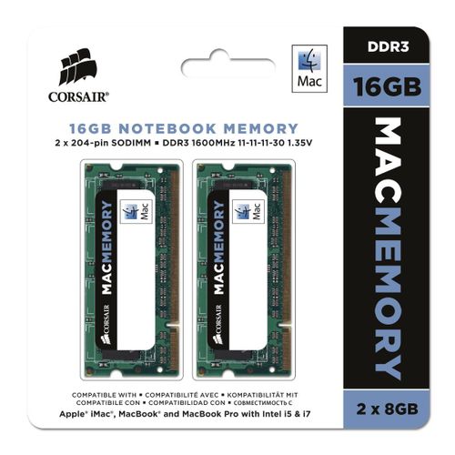 Corsair CMSA16GX3M2A1600C11 Apple Mac 16GB (2x8GB) DDR3 1600Mhz CL11 Mmoire pour ordinateur portable SODIMM pour produits Apple.