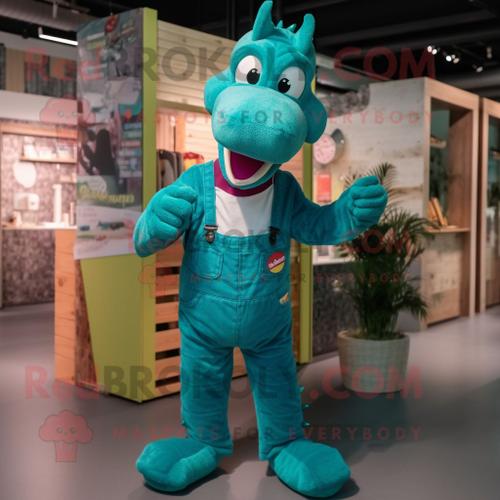 Costume De Mascotte Redbrokoly De Crocodile Bleu Sarcelle Habill D'une Salopette Et De Bracelets