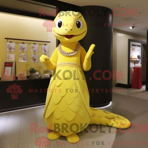 Costume De Mascotte Redbrokoly De Python Jaune Citron Habill Avec Une Robe Taille Empire Et Des Broches