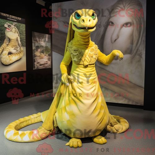 Costume De Mascotte Redbrokoly De Python Jaune Citron Habill Avec Une Robe Taille Empire Et Des Broches
