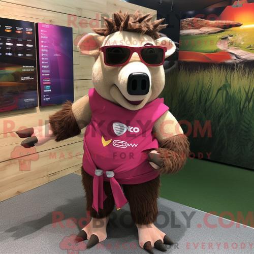 Costume De Mascotte Redbrokoly De Sanglier Magenta Personnage Habill Avec Un Short Et Des Lunettes De Lecture