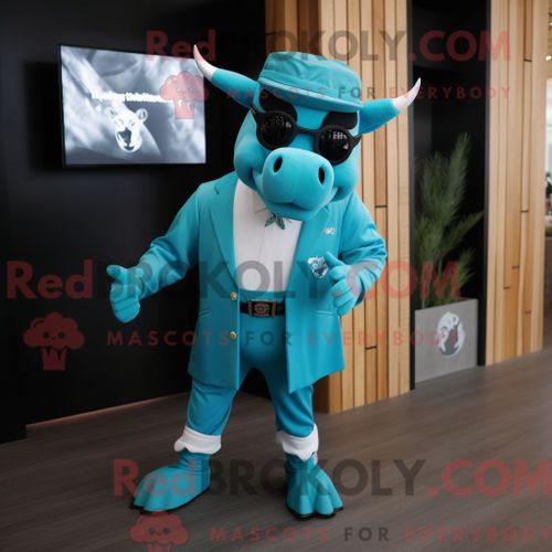 Costume De Mascotte Redbrokoly De Taureau Cyan Habill D Un Costume Et De Bonnets