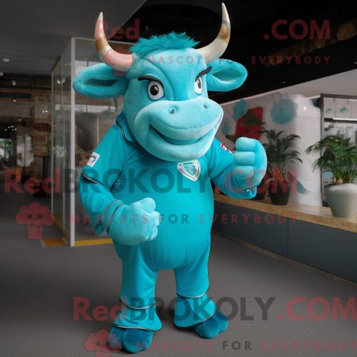 Costume De Mascotte Redbrokoly De Taureau Turquoise Habill D Un Polo Et D Anneaux