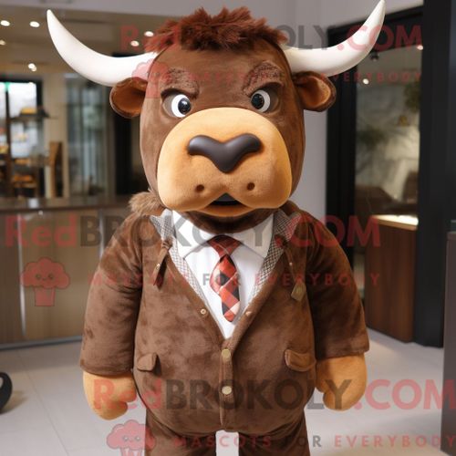 Costume Mascotte Redbrokoly De Taureau Brun Habill D Une Parka Et De N?uds Papillons