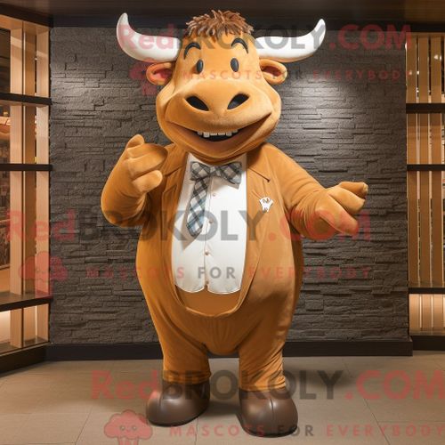 Costume Mascotte Redbrokoly De Taureau Brun Habill D Une Parka Et De N?uds Papillons