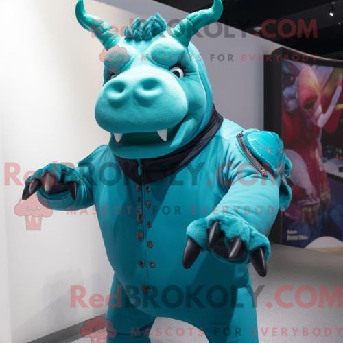 Costume Mascotte Redbrokoly De Taureau Turquoise Habill D Un Col Roul Et De Gants