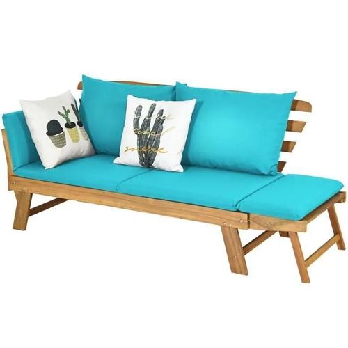 Costway 2 En 1 Canap Lit De Jardin Extensible En Bois DAcacia - 2 Places, Charge 320kg - Coussins-Dossier Amovibles - Vert
