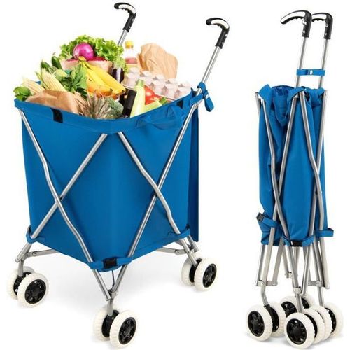 Costway Chariot De Courses Pliable 90l- 4 Roues, Freinage Et Direction  360, Cadre En Acier En Forme De X,Charge Max.: 54 Kg Bleu