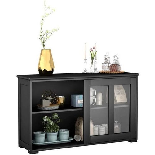 Costway Buffet De Cuisine Meuble Commode Rangement Cuisine L106,5 Cm ? Mdf Noir 2 Etagres Avec 2 Porte Coulissantes En Verre
