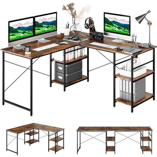 Costway Bureau D'angle - 151 X 151 X 75 Cm - Ajustable  Bureau Droit,4 Etagre De Rangement,Grand Table Pour 2 Personnes Marron