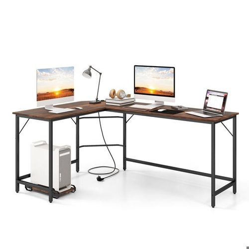 Costway Bureau DAngle De 168 X 125cm Avec Support Uc, 2 Prises lectriques Et Port Usb & Type C, Cadre En Mtal Robuste, Marron