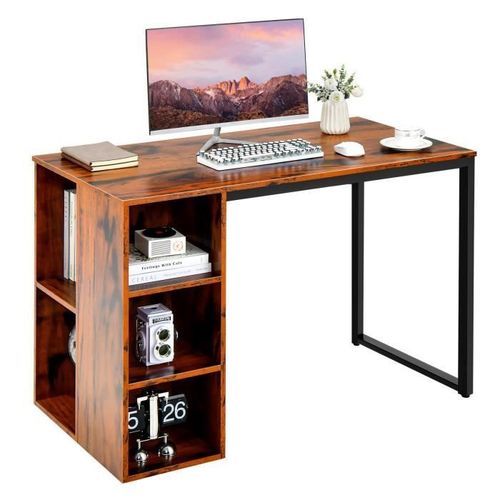 Bureau Informatique Avec Bibliothque - Costway - Marron Rustique - Cadre En Mtal - 5 Compartiments