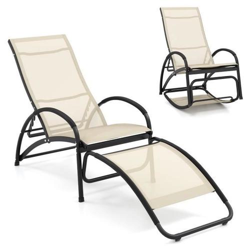 Costway Chaise Convertible  Bascule De Jardin 2 En 1, Dossier Rglable  4 Positions, Chaise Longue Avec Accoudoirs Incurvs, Beige