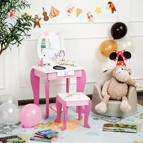 Costway Coiffeuse Pour Enfant Table De Maquillage Avec Tabouret, Miroir Dtachable Et 1 Tiroir De Rangement Style Princesse Rose
