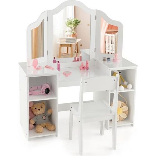 Costway Coiffeuse Pour Enfants 2 En 1 Avec Chaise, Miroir Amovible  Trois Volets, 4 Compartiments De Stockage Blanc