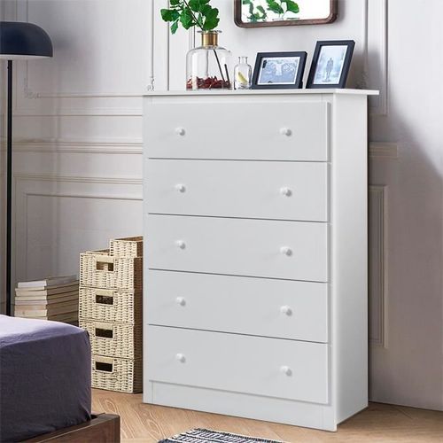 Costway Commode Chambre 5 Tiroirs Avec Rails Coulissants Lisses, Design Scandinave, Dispositif Anti-Basculement, 80x40x115cm, Blanc