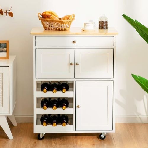 Costway Desserte De Cuisine En Bois DHva Et En Mdf  Roulettes Avec Tiroir, Porte-Bouteilles  3 Niveaux Et 2 Placards Blanc