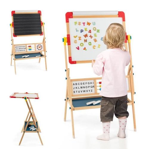Costway Enfant 6 En 1 En Bois - 2 Face Rotatif : Tableau Noir Et Tableau Blanc Aimant Avec Rouleau De Papier, 3 Ans+