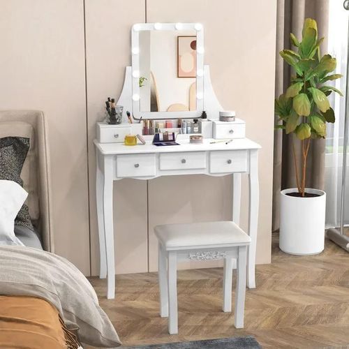 Costway Ensemble 2 En 1 Coiffeuse Et Tabouret, Lumires  Luminosit Rglable, Miroir, 3 Couleurs, 5 Tiroirs, Dessus Dtachable