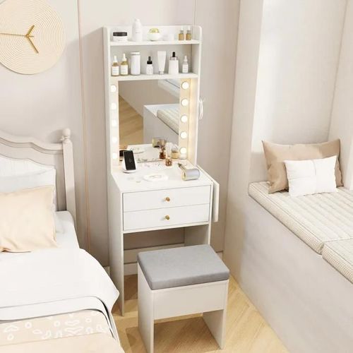Costway Ensemble Coiffeuse Et Tabouret De Rangement, Miroir Et Lumires, Station De Charge, 2 Tiroirs, tagres, Panneau Rabattable