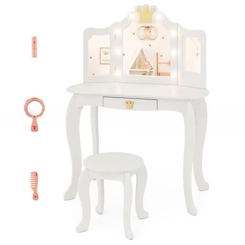 Costway Ensemble De Coiffeuse Et Tabouret Pour Enfants Avec Miroir Eclair, Luminosit Rglable, 80 X 40 X 106 Cm, Blanc