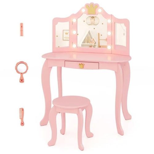 Costway Ensemble De Coiffeuse Et Tabouret Pour Enfants Avec Miroir Eclair, Luminosit Rglable, 80 X 40 X 106 Cm, Rose