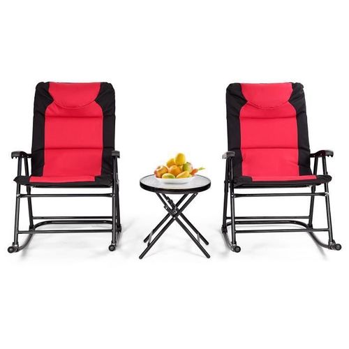Costway Ensemble De Jardin 3 Pcs Table Basse En Verre Avec 2 Chaises Extrieures  Bascule Pliables Coussins Rembourrs Rouge