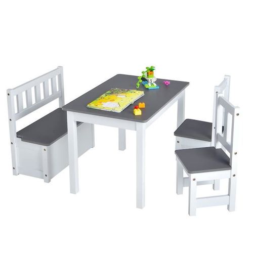 Costway Ensemble De Table Et Chaises Pour Enfant, Avec Table, 2 Chaises Et Banc De Rangement 2 En 1, Pour tudier Et Manger, Gris