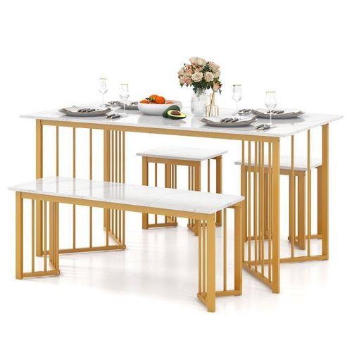 Costway Ensemble Table  Manger 4 Pices Avec Banc Et 2 Tabourets Moderne Avec Pieds En Mtal Pour Appartement, Salle  Manger