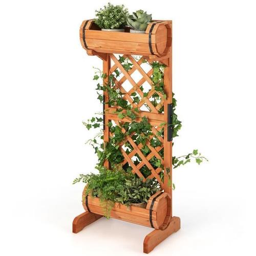 Costway Jardinire  2 Niveaux Avec Treillis En Bois De Sapin 45,5x36x113 Cm Bac  Fleurs Cylindrique Pour Plante Grimpante Vigne