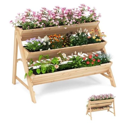 Costway Jardinire Surleve Verticale  3 Niveaux En Bois De Sapin, tagre De Rangement, 2 Crochets Suspendus, 3 Doublures De Bac