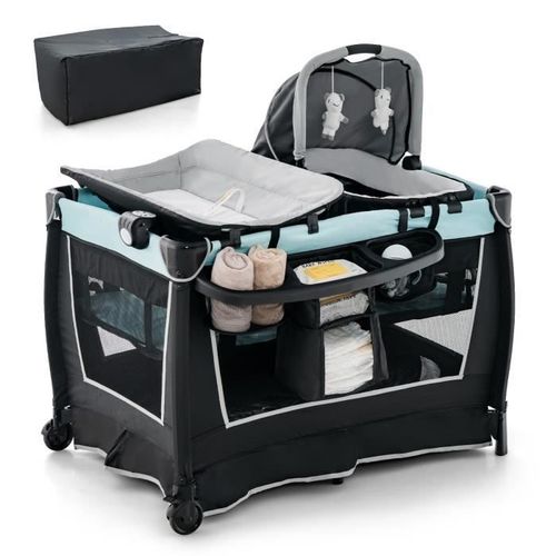 Costway Lit Parapluie Bb Avec Matelas 6 En 1,Barre Dtachable Avec Auvent Rglable,2 Jouets Musical Et Sac Transport 0-3 Ans Vert