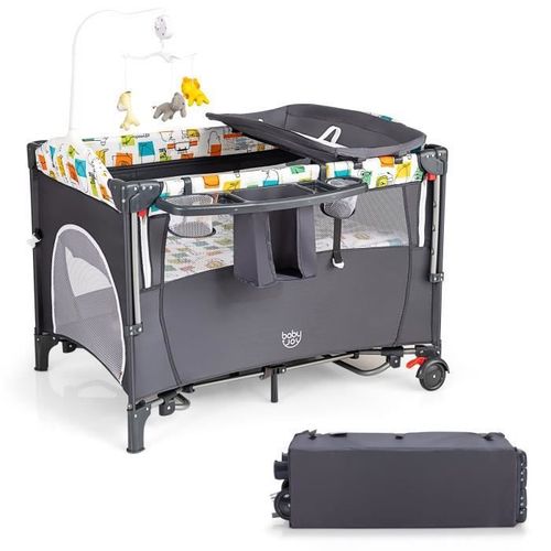 Costway Lit Parapluie Bb Pliant 5 En 1 Avec Matelas,Table  Langer,Bote  Musique 3 Jouets 4 Hauteurs D'accoudoir Rglables Gris