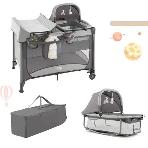 Costway Lit Parapluie Bb Pliant 5 En 1 Berceau De Voyage Amovible Avec Matelas,Auvent Rglable,2 Jouets,Table  Langer Gris