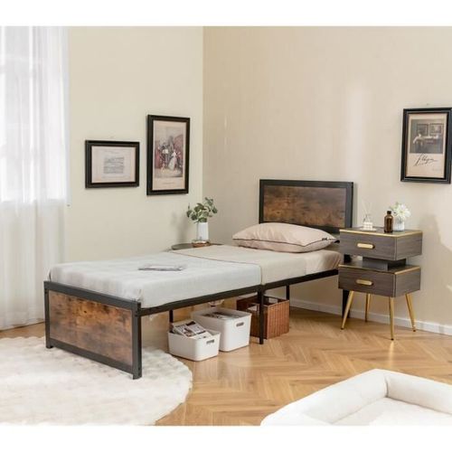 Costway Lit Simple Industriel 90x200cm - Tte De Lit, 9 Pieds De Support, Lattes En Mtal, Charge 220kg - Structure Cadre De Lit