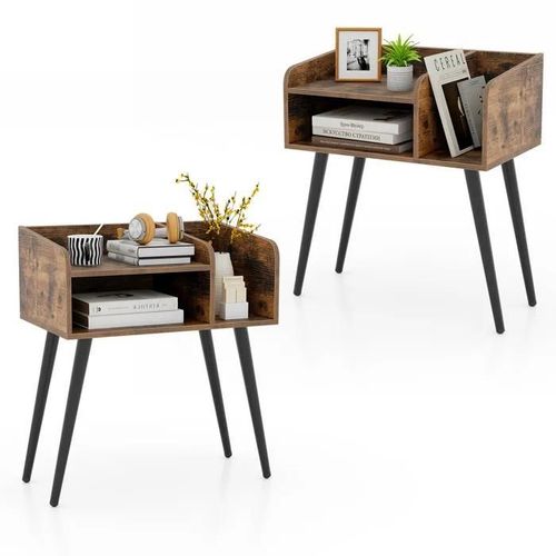 Costway Lot De 2 Table De Chevet Avec 3 Compartiments Ouverts, Table D'appoint Avec Pieds En Mtal, Pour Salon, Chambre, Marron