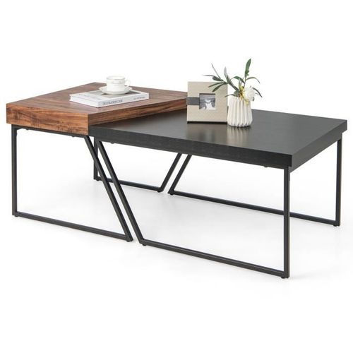 Costway Lot De 2 Tables Basses Gigognes Avec Cadre Mtal, Tables D'appoint Style Industriel Avec 8 Pieds Antidrapants Rglables