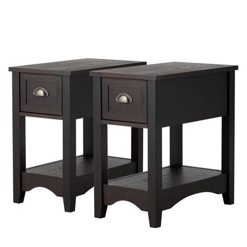 Costway Lot De 2 Tables D'appoint Avec Tiroir, Pieds En Bois D'hva, 56x33x58,5 Cm, Bout De Canap Rtro, Brun Noyer